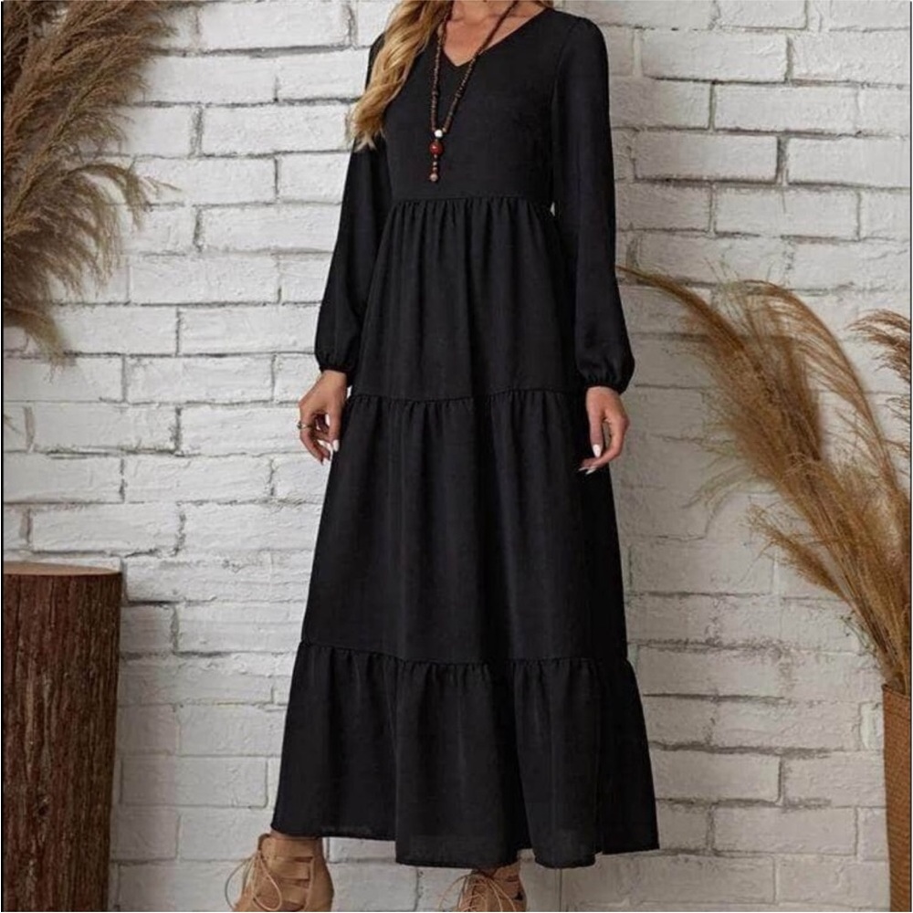 New! CLOSEOUT SALE! Boho Black Long Sleeve Maxi Dress - Picture 2 of 4